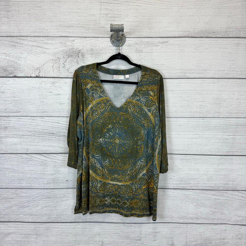 Belle by Kim Gravel Green and Gold Medallion V-Neck Blouse